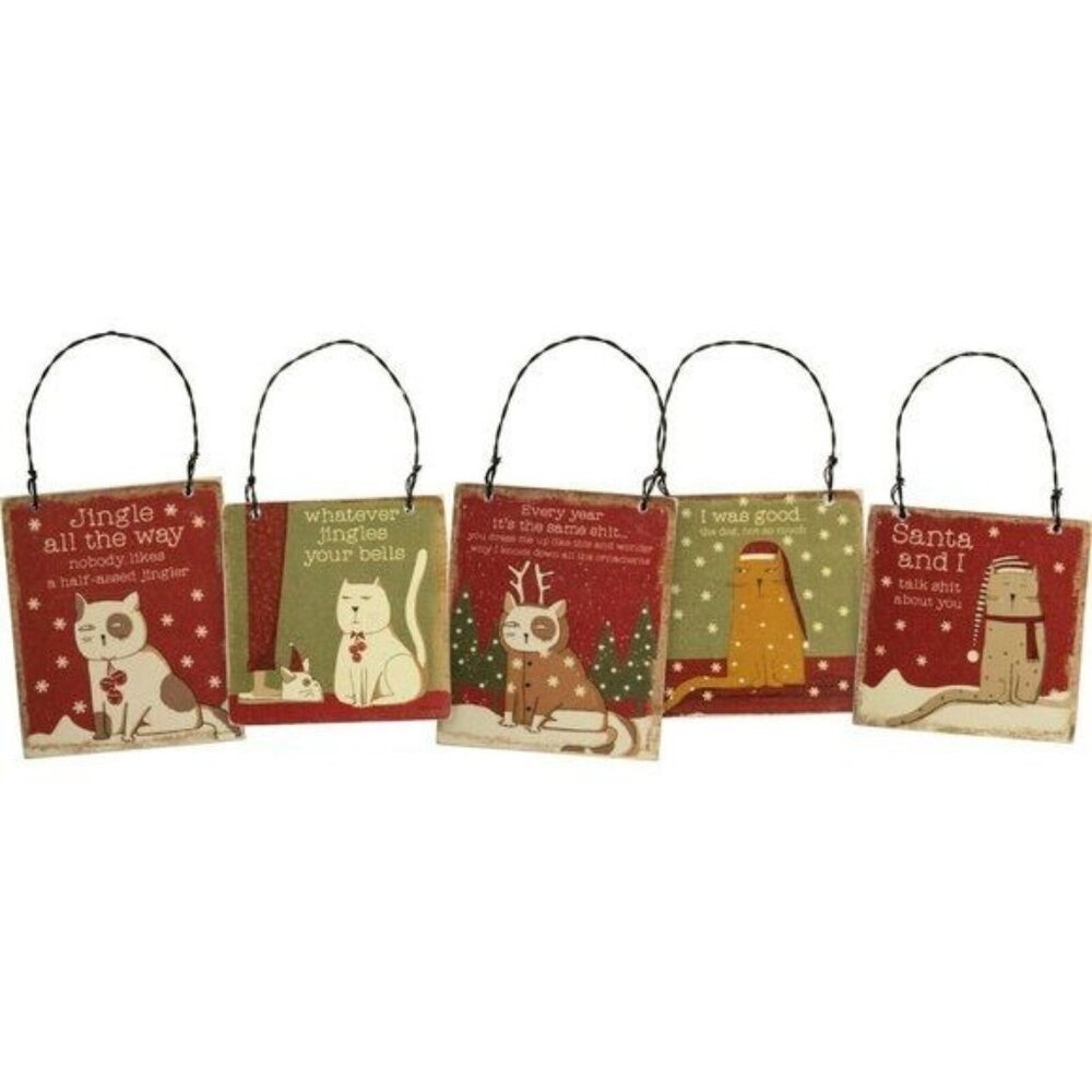 Christmas Ornament Sassy Cats 5 Piece Set Funny Crazy Cat Lady Gift Wood
